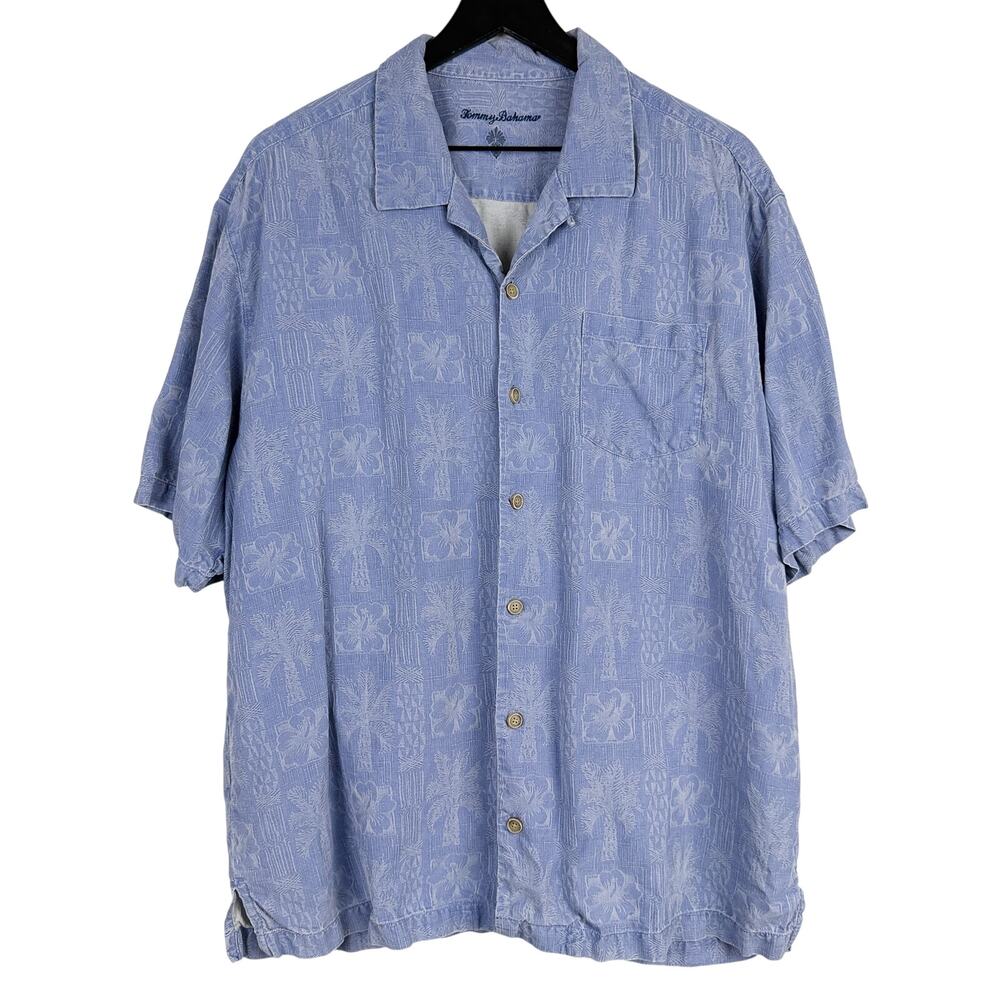 Tommy Bahama 100% Silk Camp Hawaiian Shirt Blue Jacquard Palm Trees - XL